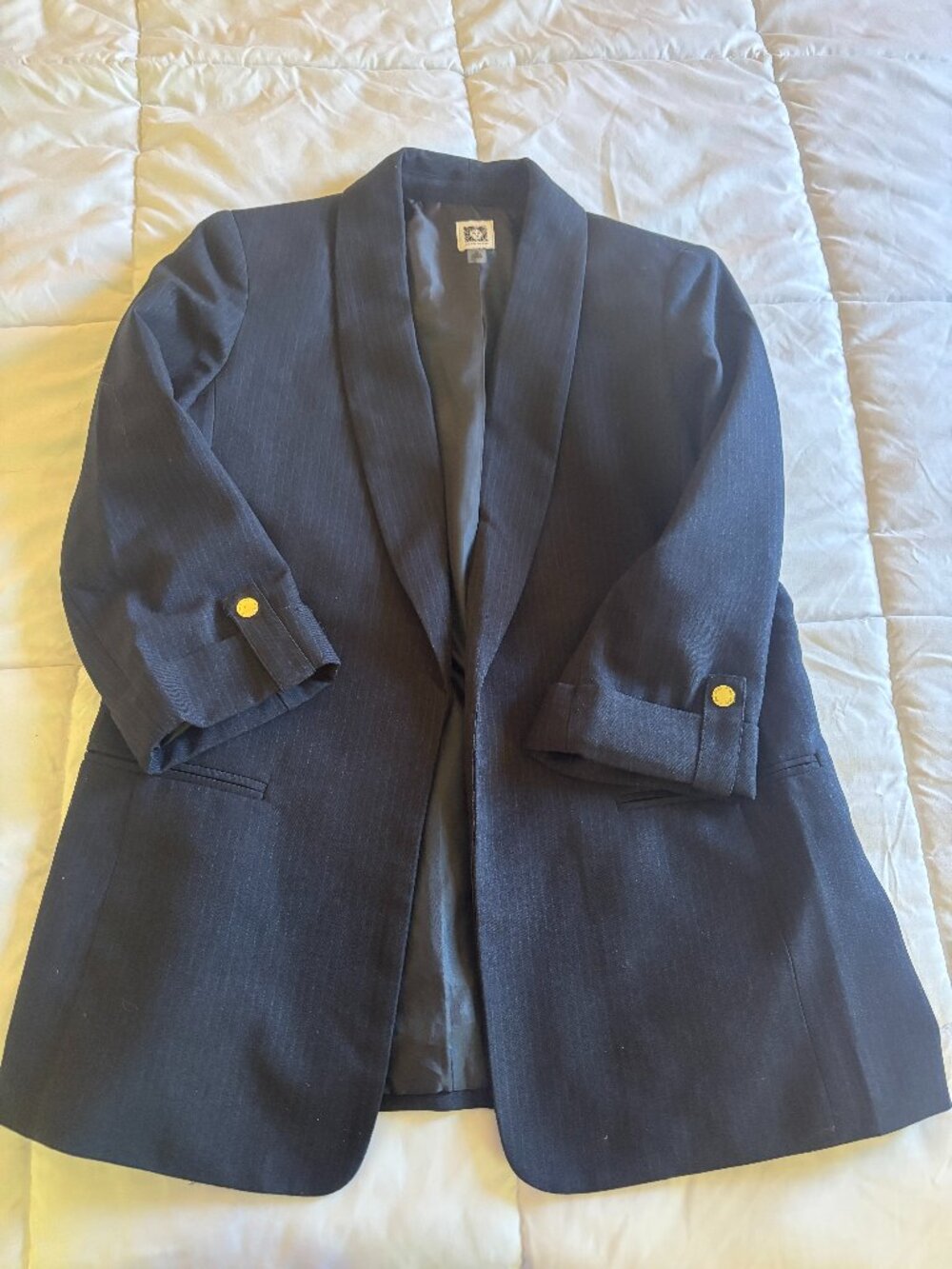 Anne Klein Navy Blue Blazer Light Blue Pinstripe 3/4 Sleeve